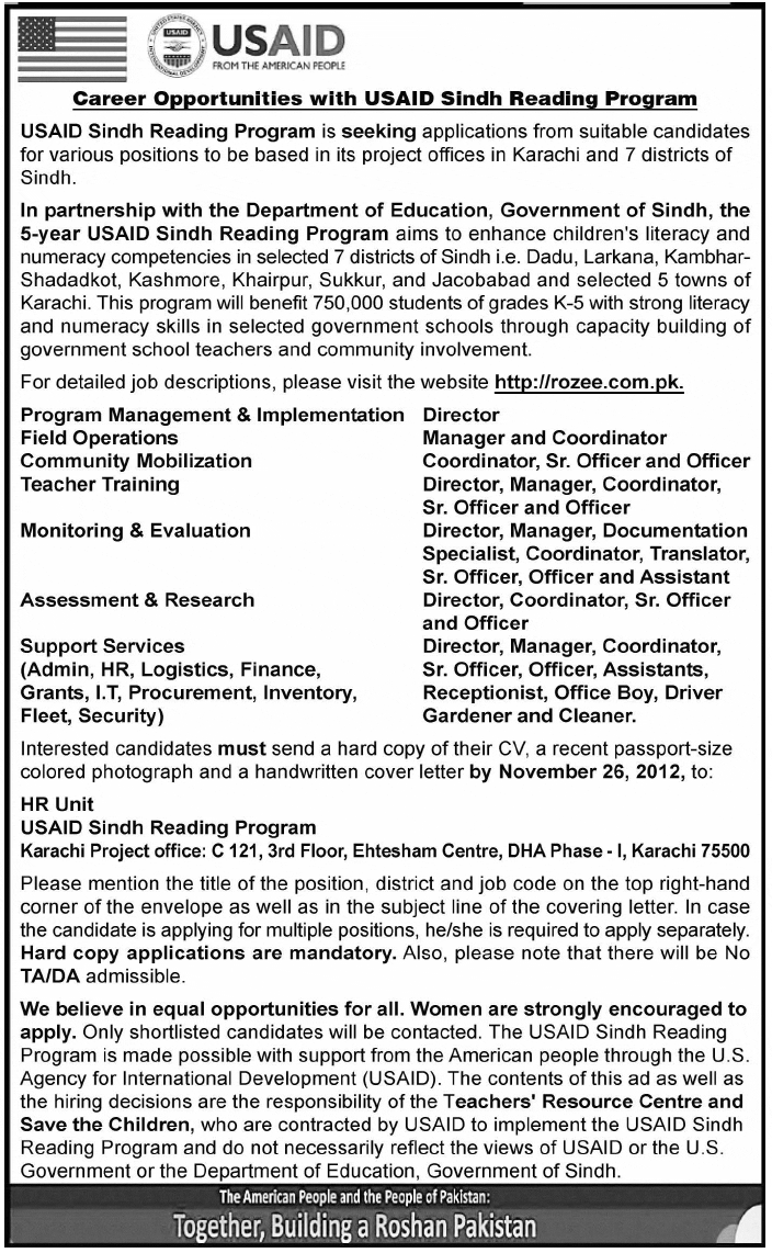 Jobs in USAID Sindh Reading Program in Karachi, Dadu, Larkana, Kamber